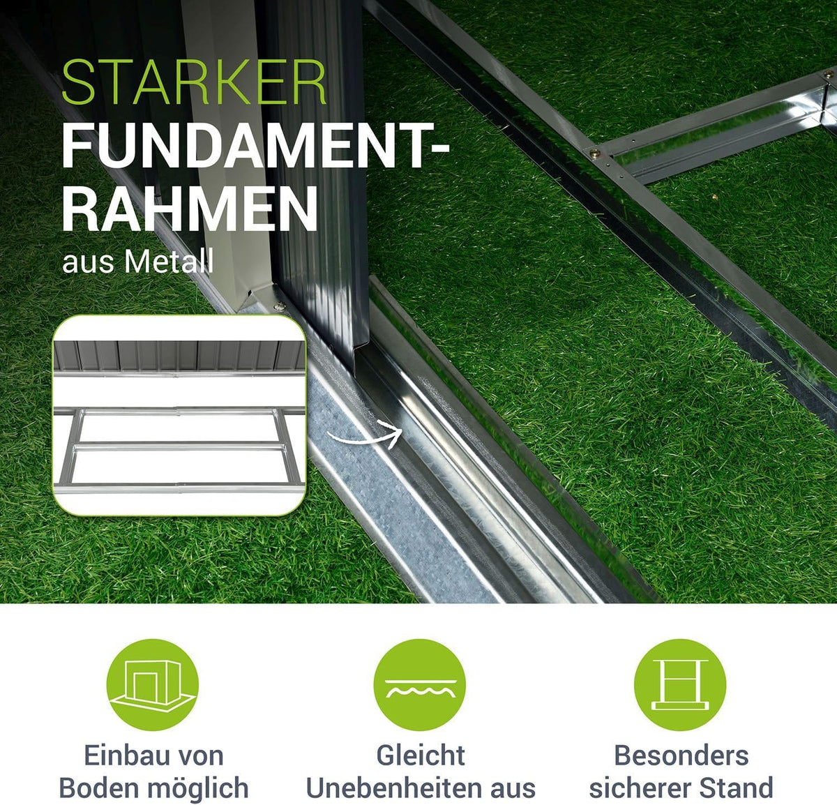 Juskys Abri de Jardin en métal de 4m³ avec Toit en Pente, Porte coulissante et Fondation - 213x130x173cm - Outils de Jardin en Acier (Vert)(M)