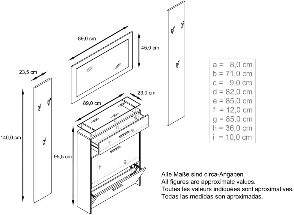 Vladon Penderie Malea, Meuble d’entrée Comprenant 1 Commode à Chaussures Murale, 1 Miroir Mural et 2 Panneaux Porte-Manteaux, Anthracite Mat/Noir Mat