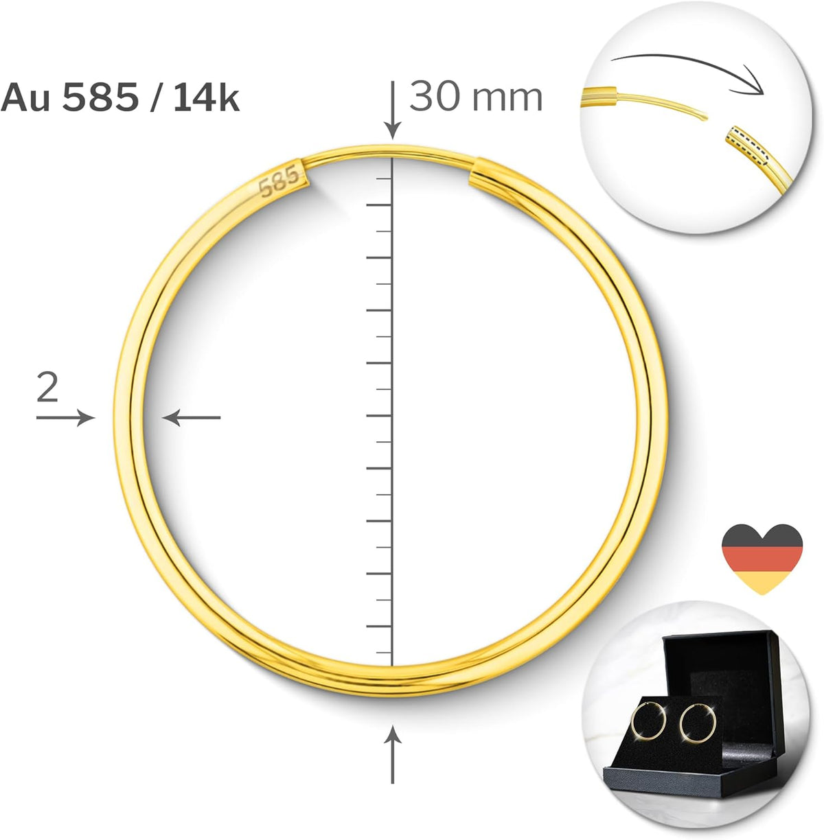 EDELIND Boucles d'Oreilles Rondes 30 mm Or Jaune 750 585 375 333 Largeur 2 mm Bijoux Femme avec Boîte Cadeau Bijoux