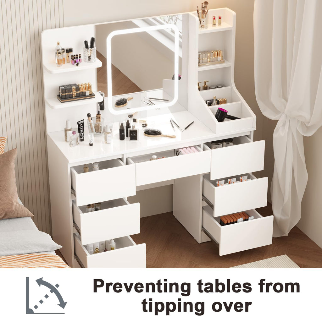 Devoko Coiffeuse LED avec 7 Grands Tiroirs, 3 Couleurs avec Luminosité Réglable, Table de Maquillage, Coiffeuse avec Miroir pour la Chambre à Coucher Blanc