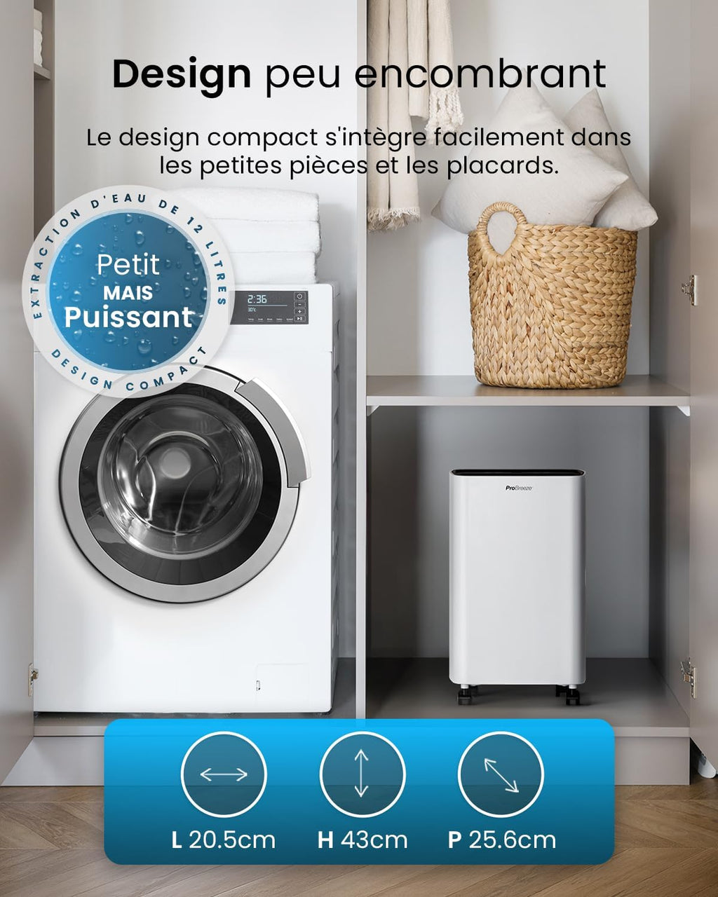 Pro Breeze Déshumidificateur d Air 12L/jour, Éliminateur de Moisissure Noire, Absorbeur d'Humidité Automatique, Sèche-linge, Déshumidificateur Compresseur Portable Silencieux, Minuterie 24h