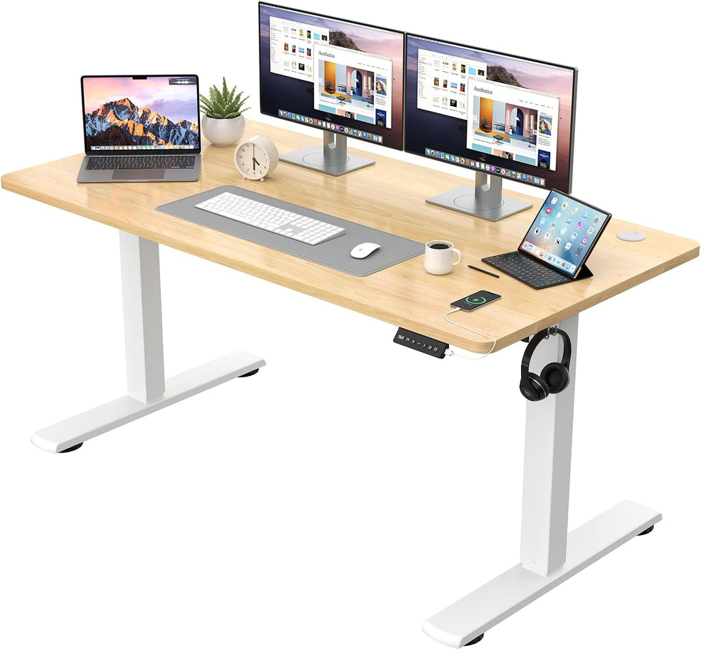 JUMMICO Bureau réglable en Hauteur - Plateau de Table Complet - Réglable en Hauteur - avec Fonction mémoire - 140 x 60 cm - Beige
