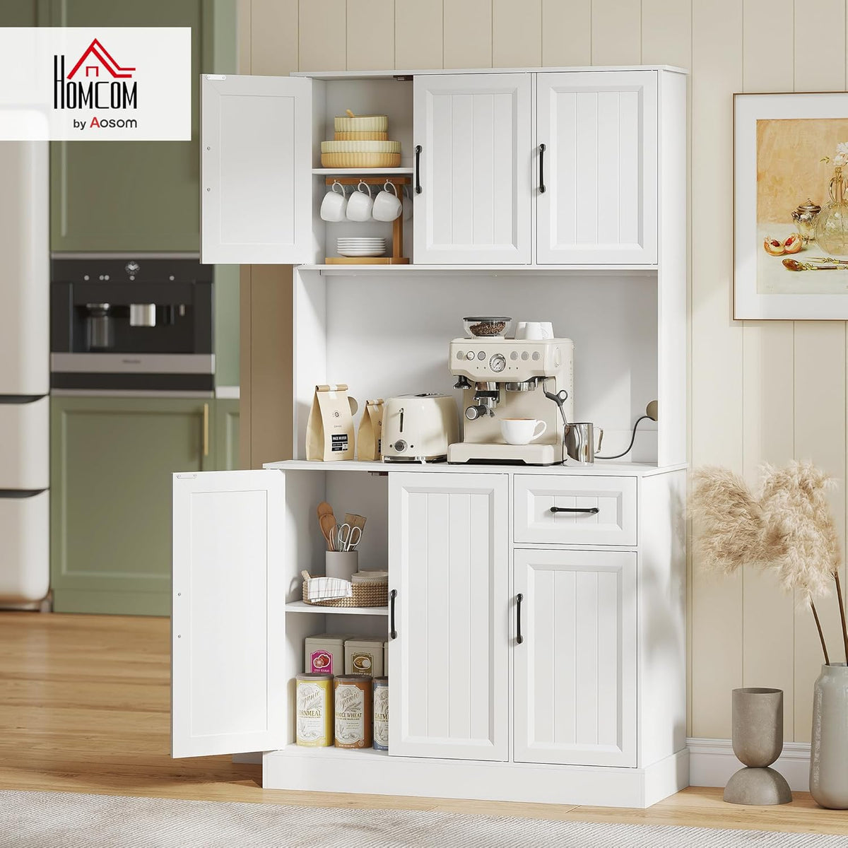 HOMCOM Armoire de cuisine, armoire buffet avec plan de travail, étagères réglables, 6 portes, tiroir, haute garde-manger avec trou de câble, pour cuisine salon salle à manger 100 x 39,5 x