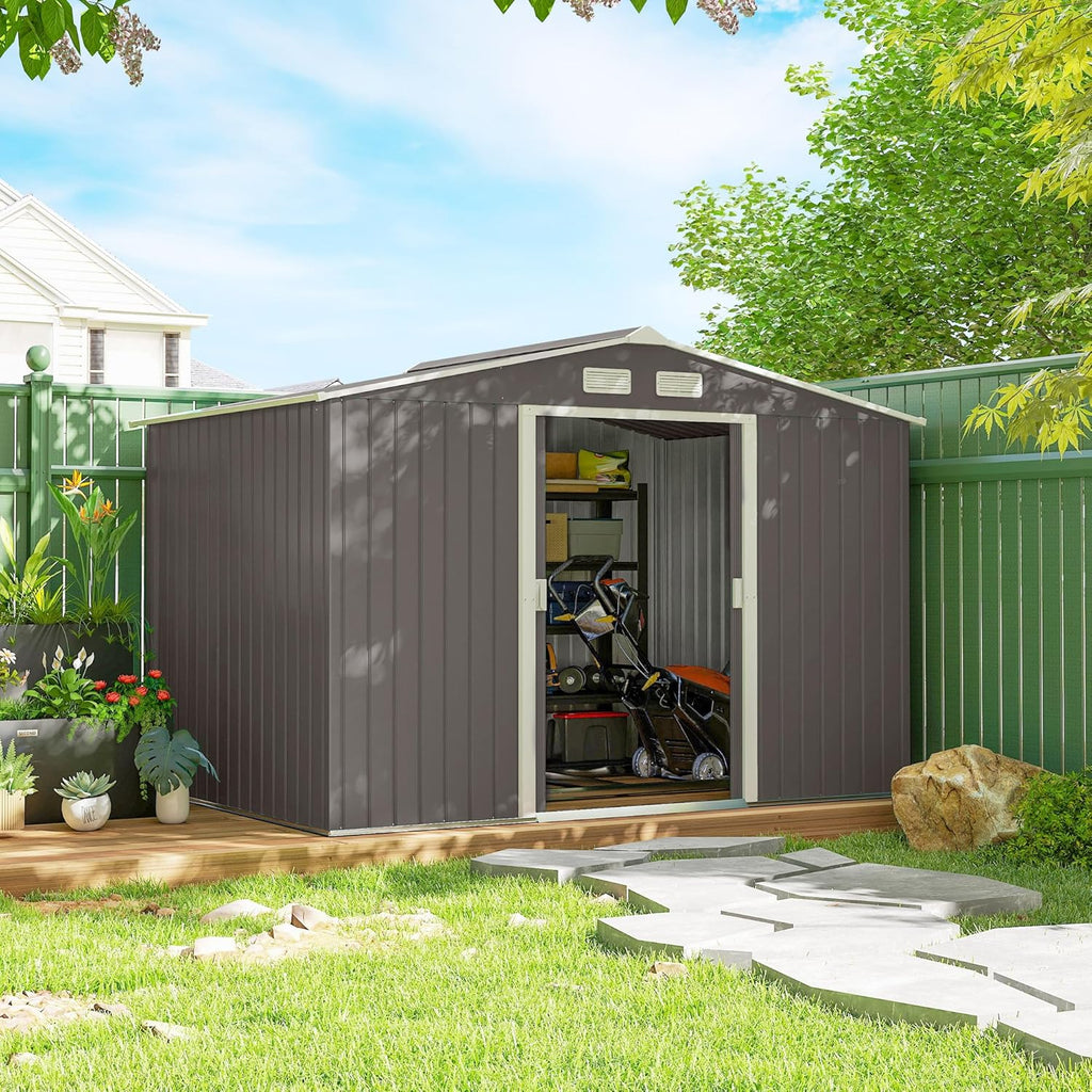 Outsunny Abri de Jardin en métal 5,4 m² cabane de Jardin 277 x 195 x 192 cm cabanon Rangement Outils avec kit de Fondation, Porte coulissante verrouillables et 4 aérations - Gris