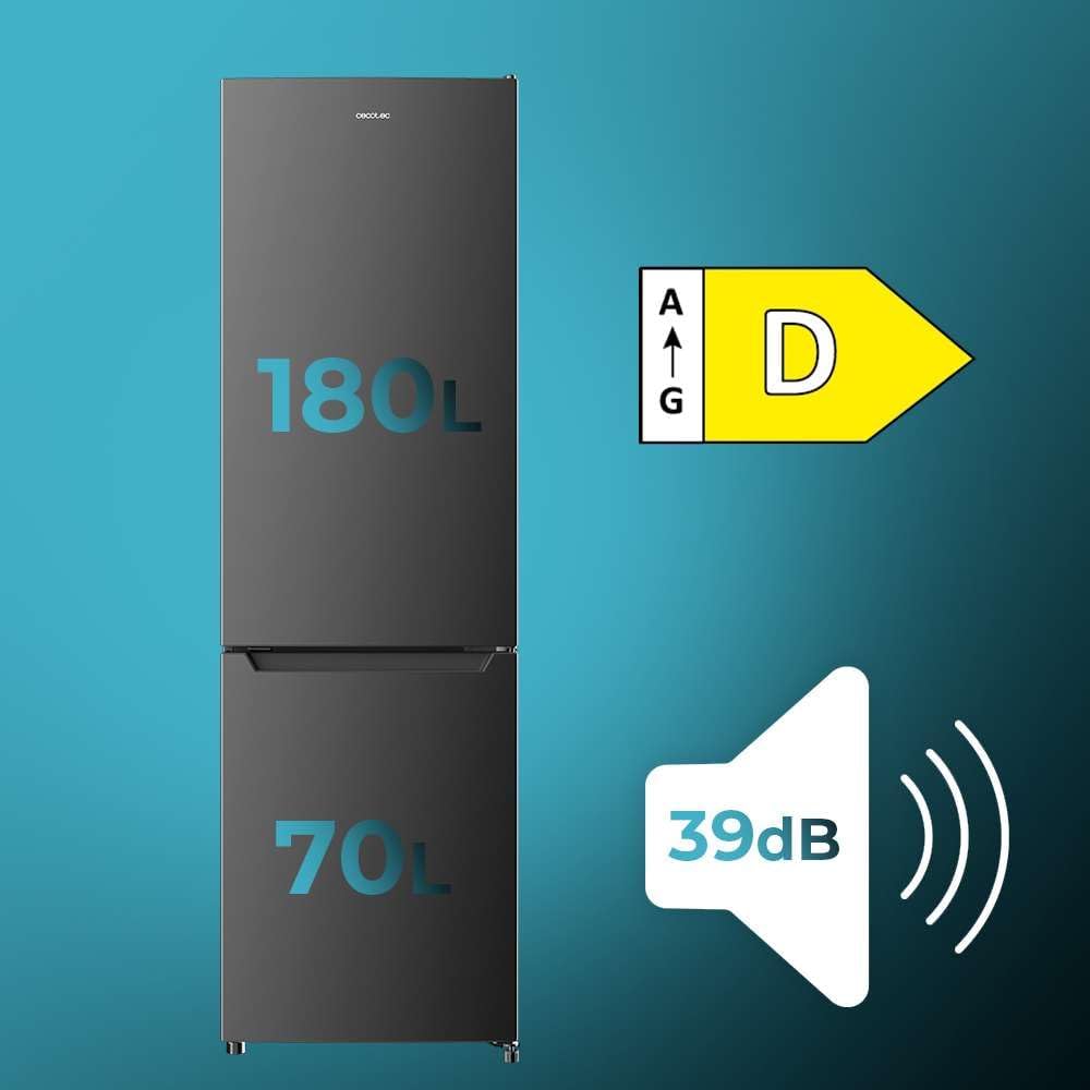 Cecotec Réfrigérateur combiné Bolero CoolMarket Combi 250 Dark D. Capacité de 250L, classe D, compresseur Inverter, Total No Frost, Multi Airflow, et porte réversible. Économies d’énergie garanties.