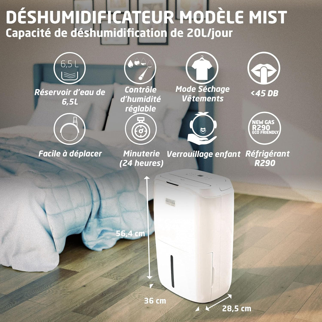 Amig - Déshumidificateur MIST | Capacité 20L/Jour | Régulation de l'humidité et minuterie | Réservoir d'eau amovible 6,5L | 36x28x56 cm | 260W | Couverture 165m³/h | Silencieux 45 dB | Séchage linge