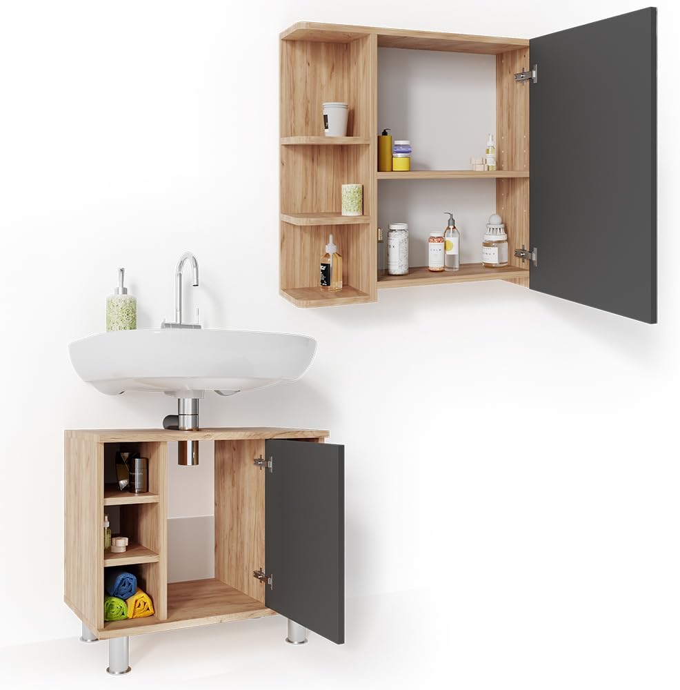 Vicco Ensemble de Meubles de Salle de Bain Fynn, Chêne/Anthracite, 2 Parties