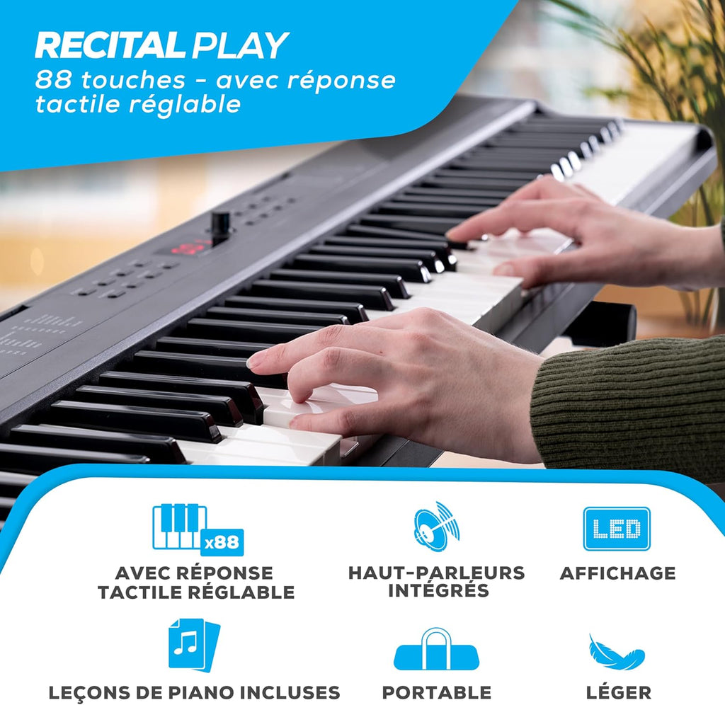 Alesis Clavier piano 88 touches avec 480 sons, haut-parleurs, MIDI USB, sac de transport, support & CASCHA Banc de Clavier réglable en Hauteur I Tabouret de Piano Pliable I Banc de Piano rembourré