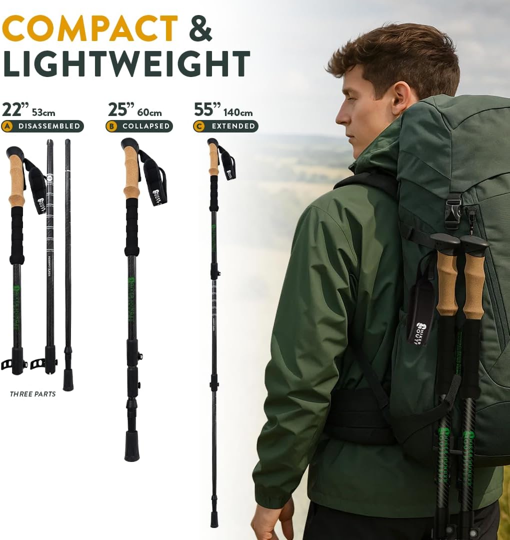 Pôles de Trekking 100% Fibre de Carbone de la Marque USA – Poles de randonnée Ultra Solides, légers, Pliables avec poignées en liège ou Mousse EVA et Fermetures à Rabat réglables Rapides