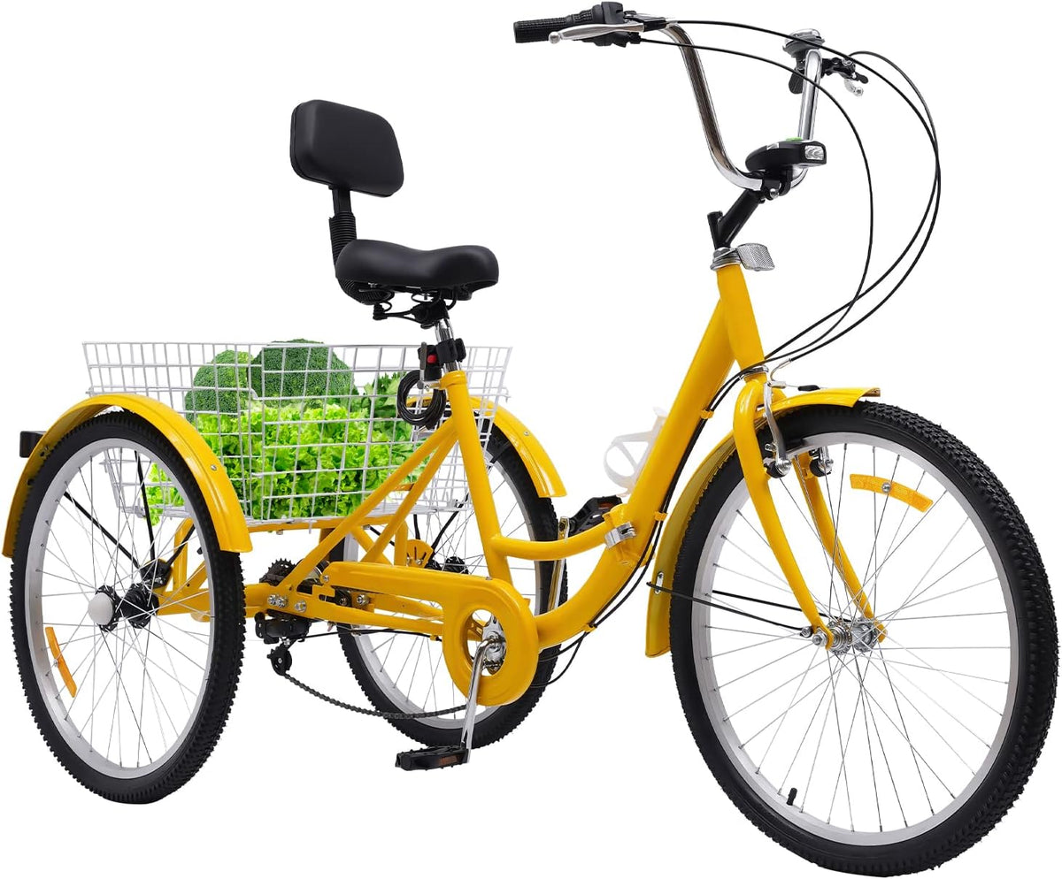 Tricycle pour adulte tricycle 24 pouces 7 vitesses 3 roues vélo avec panier et porte-gobelet d'eau, tricycle pliable pour adulte, lumière avant LED et réflecteurs UE