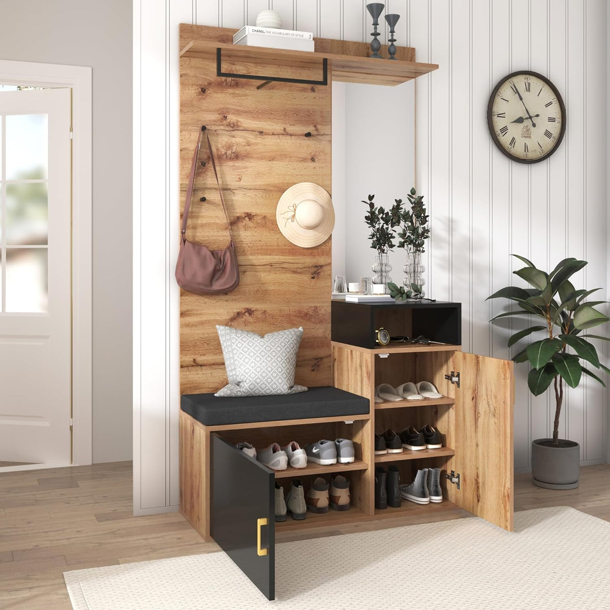 ZYLOYAL10 Ensemble de vestiaires, avec 4 patères, miroir, armoire à chaussures, porte-manteau mural, étagère supérieure, garde-robe, banc de couloir.