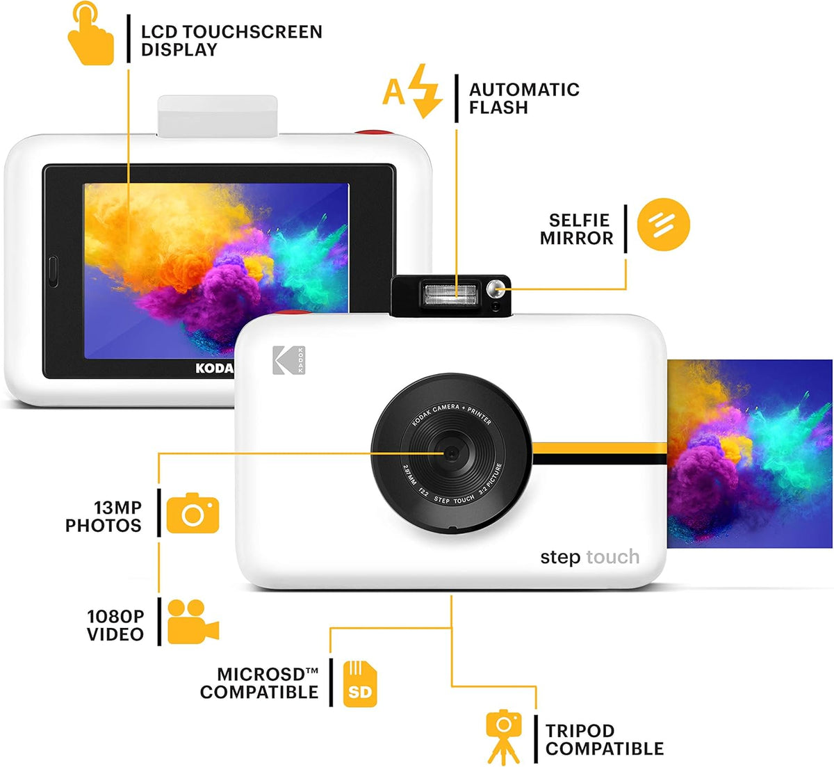 KODAK Step Touch Appareil Photo instantané avec écran Tactile LCD de 3,5 Pouces Blanc Bundle : étui, album, marqueurs, paquet de 20 papiers Zink, autocollants