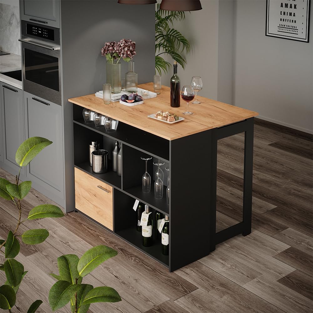 Vicco Table de Bar Dominic, Chêne de Force doré/Anthracite, 116 x 37 cm 4X Compartiments Ouverts et 1x Porte