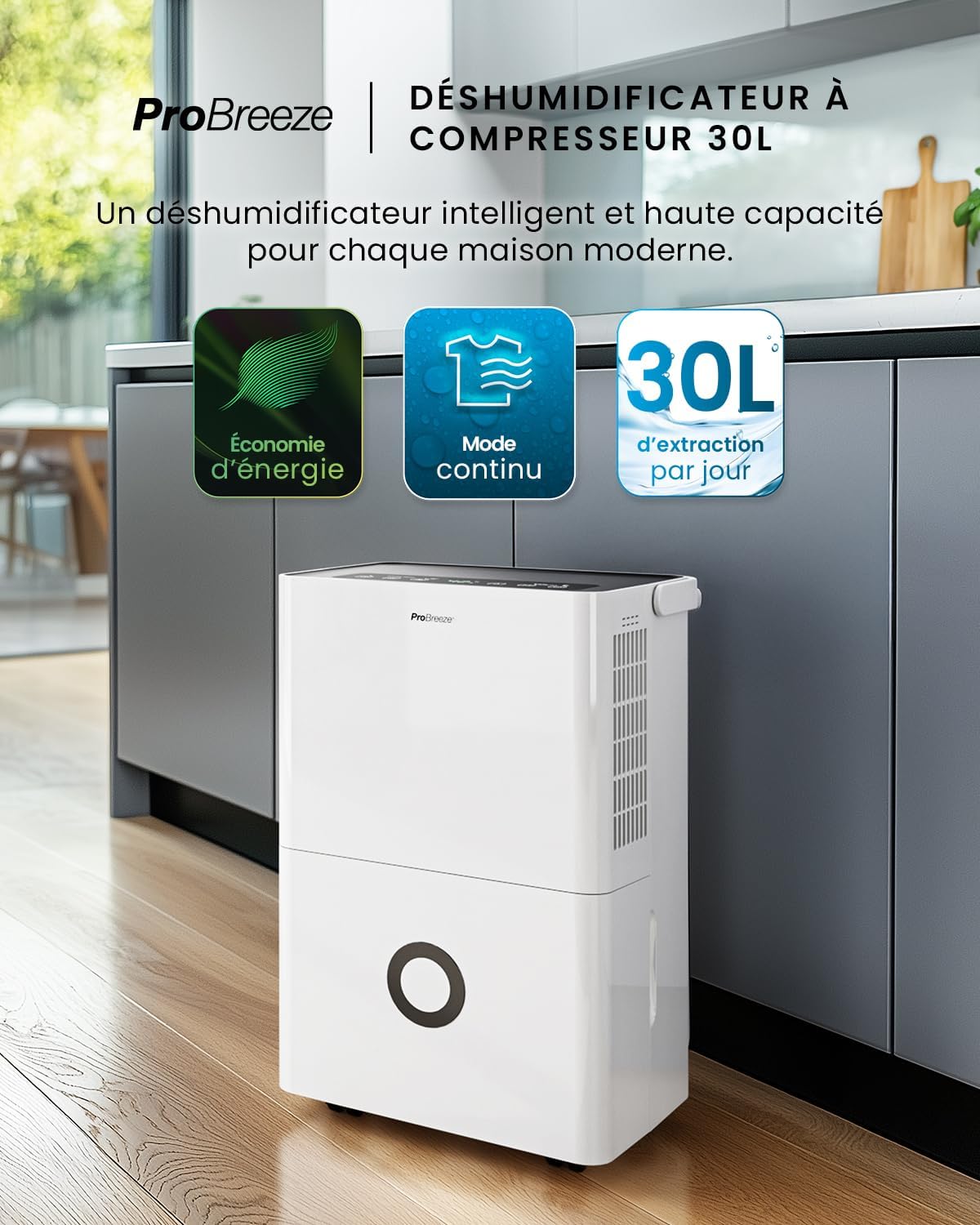 Pro Breeze Déshumidificateur Compresseur Connecté 30L/jour avec Application Smartphone, Wi-Fi, Drainage continu, Réservoir d'eau 4L et Minuterie 24h - Absorbeur de moisissures et d'humidité portable