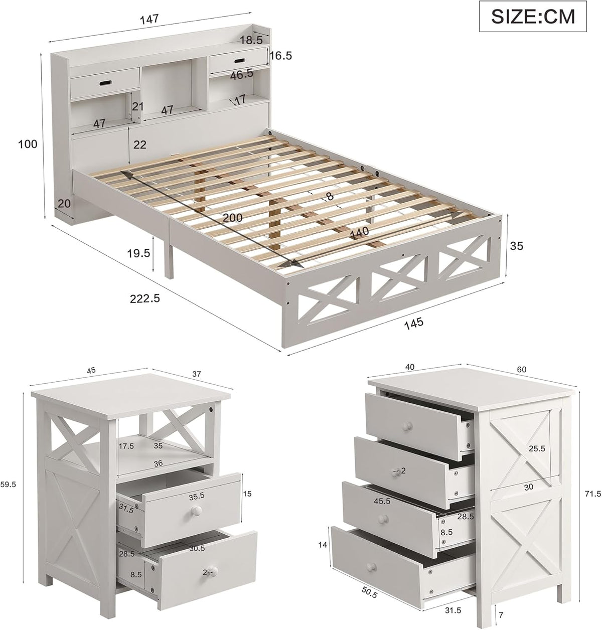 I0I&I0I Ensemble de chambre complète, design moderne, lit en bois, table de chevet et commode, 140 x 200 cm, lit double, fonction de rangement, table de chevet avec 2 tiroirs et 1 compartiment, blanc