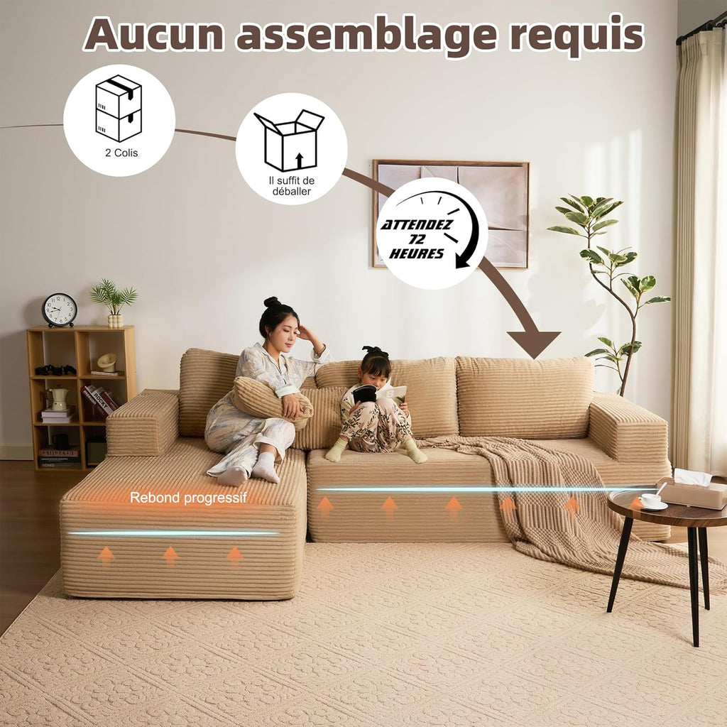 272 cm Canapé d'angle en Forme de L avec Fonction Couchage - Canapé modulaire avec méridienne Gauche - Assise Extra Profonde - Canapé-lit pour Salon (Camel, Méridienne Gauche)