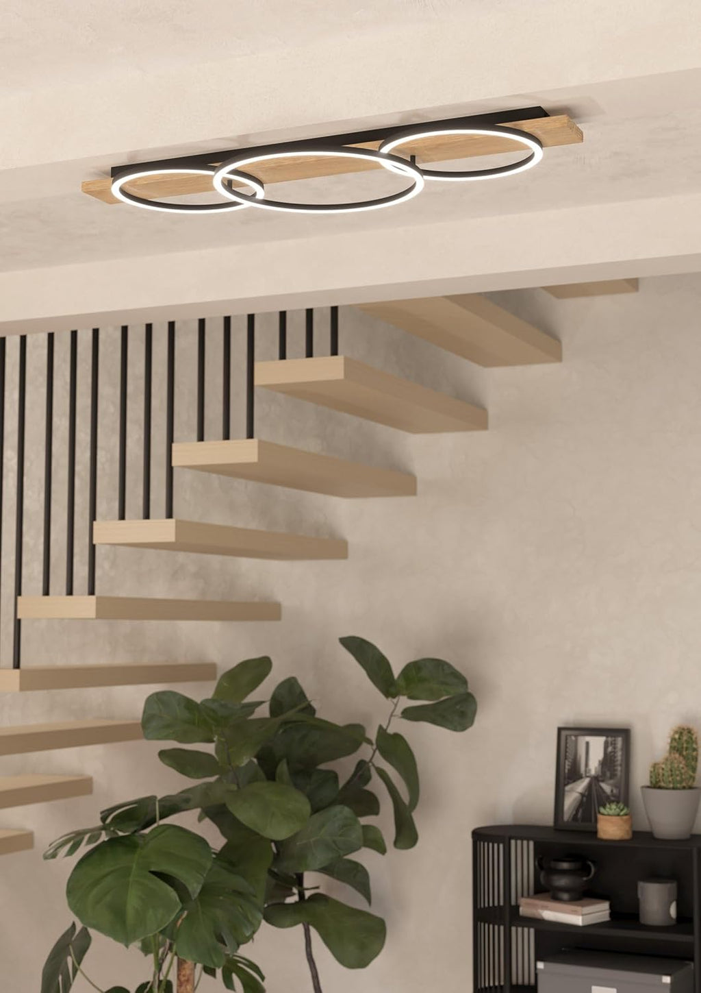 Eglo Plafonnier LED Boyal à 3 flammes, luminaire intérieur en bois, métal et plastique, lampe de plafond pour salon et couloir, blanc chaud, 101 cm