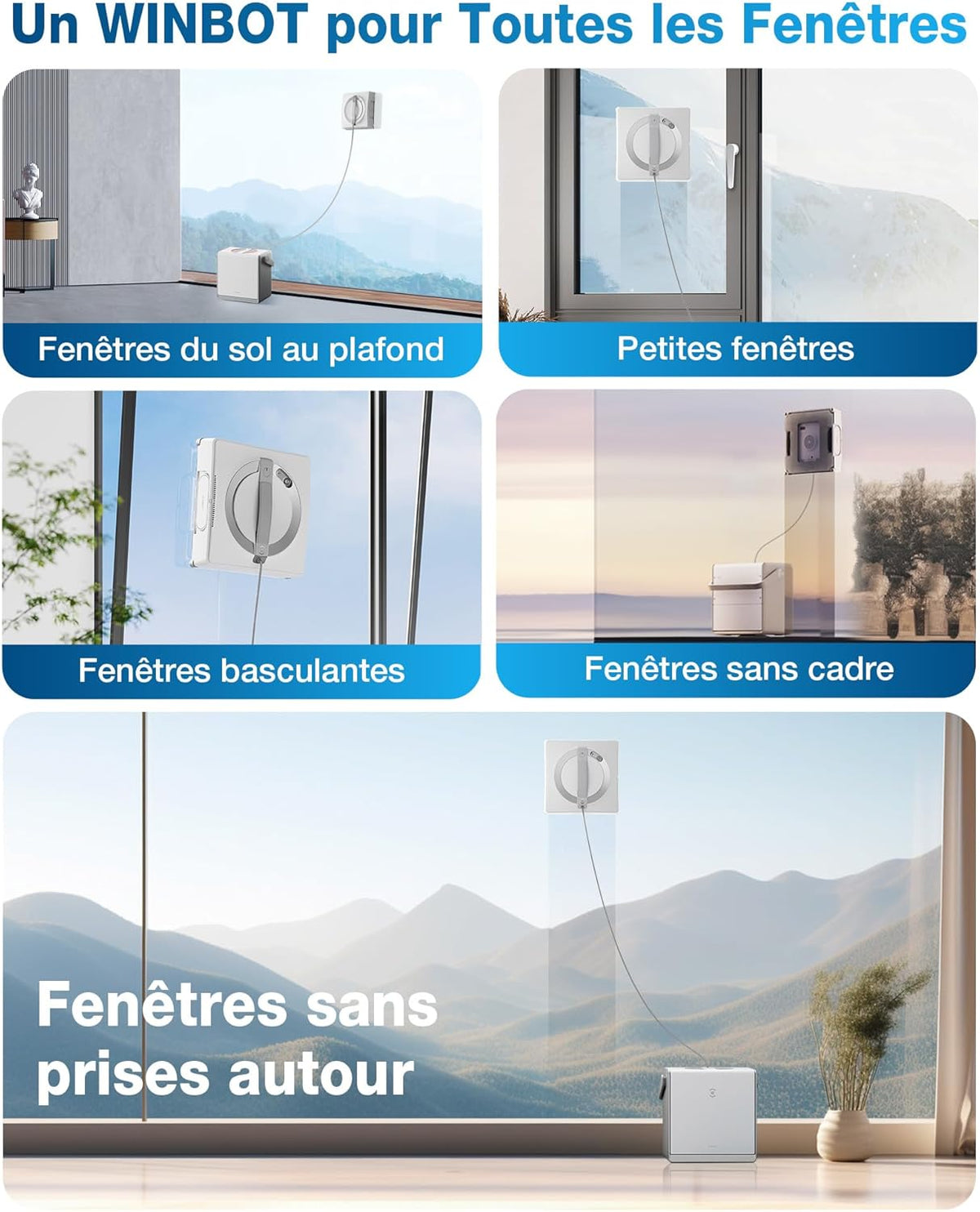 ECOVACS W2 Omni Robot Laveur de Vitre avec Station Multifonctionnelle, Nettoyeur de Vitres avec Système de Protection à 12 Niveaux, Mode de Nettoyage de Bord, Leader de l'industrie