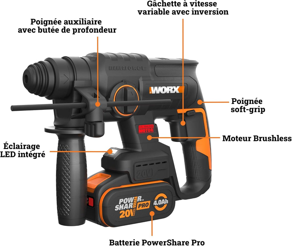 WORX Perforateur sans fil Brushless 20V WX381, 2J, 3 en 1, Perçage, Percussion, Burinage dans tous les matériaux, antivibrations, livré avec 1 Batterie 4Ah, Chargeur et Accessoires