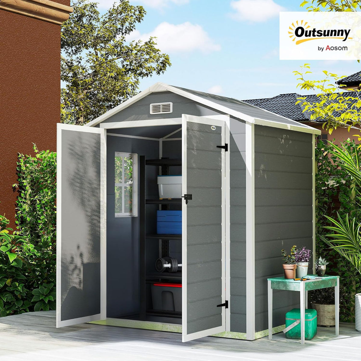 Outsunny Abri de Jardin cabanon en résine polypropylène 2,12 m² - 2 Portes 1 fenêtre et 1 Grille d'aération, Toit en Pente, Gris