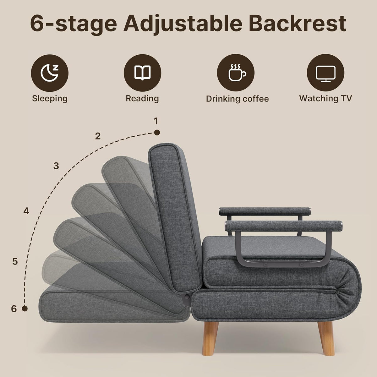 Xbro Canapé Convertible 2 Place, Fauteuil Convertible avec Dossier Réglable en 6 Positions et 2 Coussins, Fauteuil avec Fonction de Sommeil pour Petit Appartement (Gris Foncé)