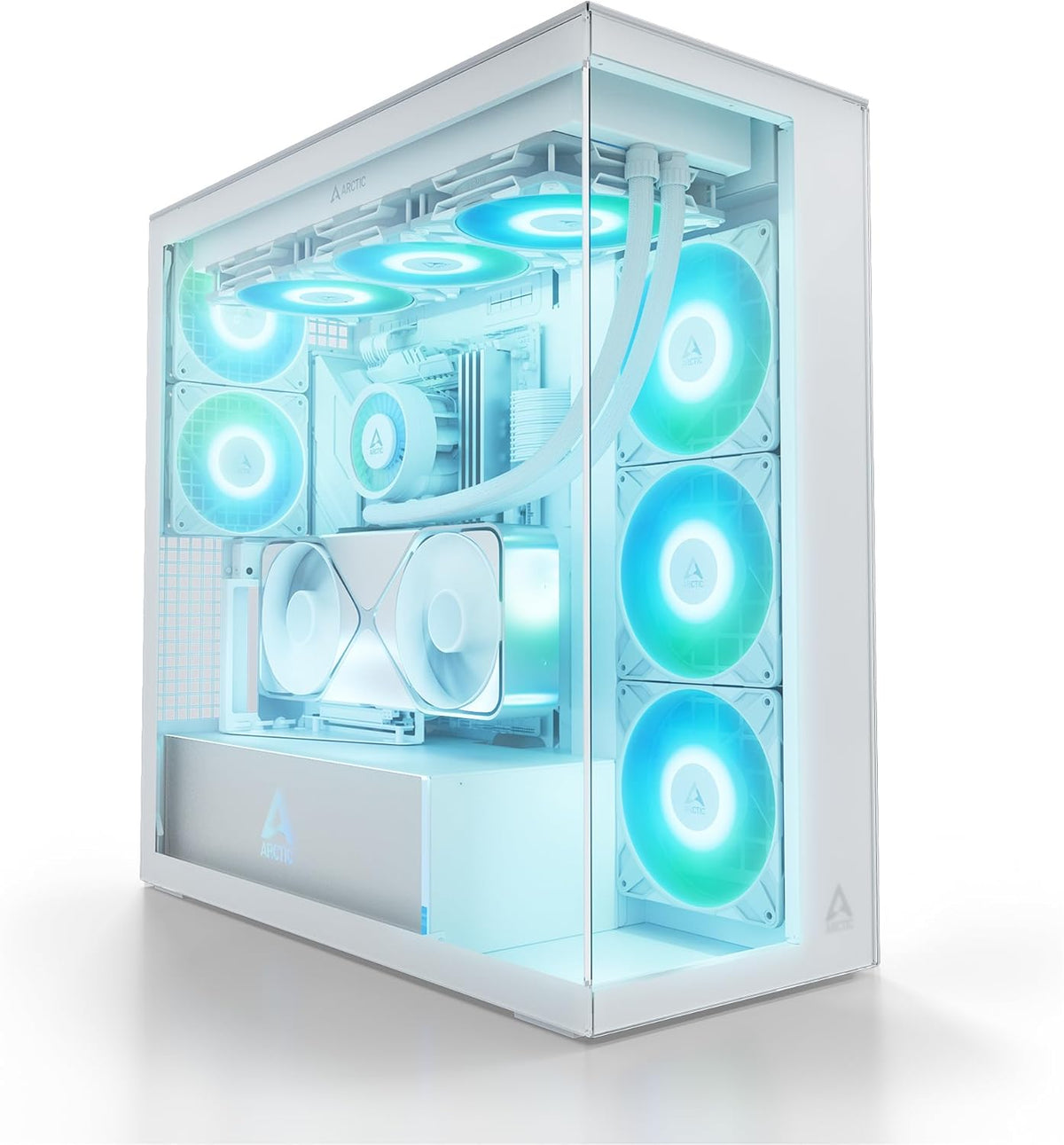 ARCTIC Xtender VG (White) avec Montage Vertical de GPU - Boîtier PC, Verre Panoramique Trempé, Support pour Radiateur 2 x 420 mm, Tour Midi, E-ATX, 5X Ventilateurs A-RGB Pré-installés - Blanc