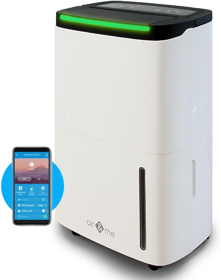 Air&Me Déshumidificateur ROHAN 50L/j avec pompe – Connecté, puissant & silencieux, idéal 200m². Volet oscillant, grande autonomie.