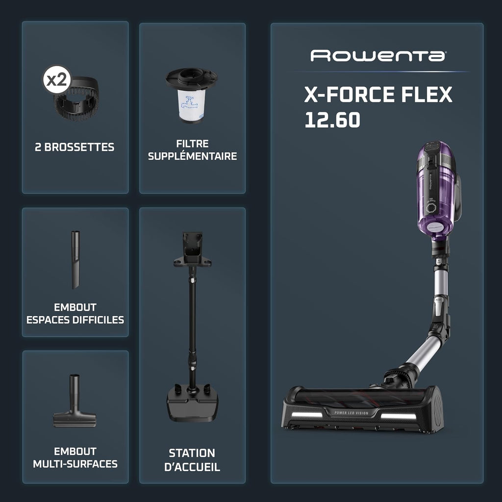 Rowenta X-Force Flex 12.60 Allergie Aspirateur Balai sans Fil, Filtration Anti-Allergènes, Puissant 150AW, Autonomie 45min, Station d'accueil RH98A0WO, Violet et Aluminium