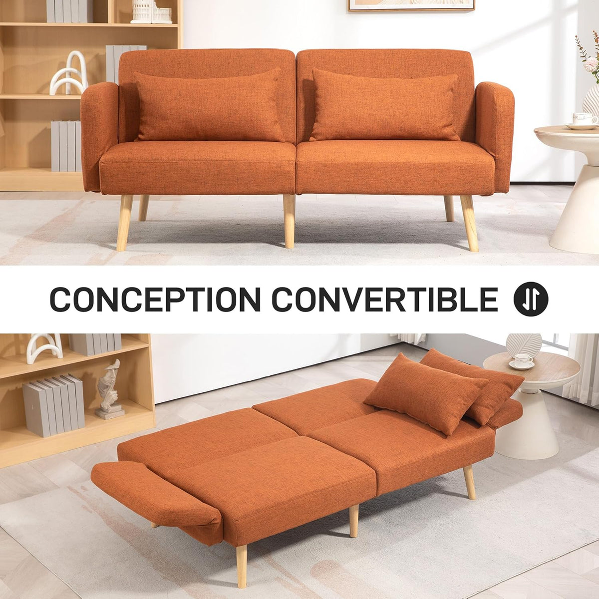 HOMCOM Canapé Convertible 3 Places, canapé-lit 2 Places, Dossier inclinable et accoudoirs réglables, clic clac en Tissu Effet Lin, Pieds en Bois Massif, 2 Coussins lavables, Marron