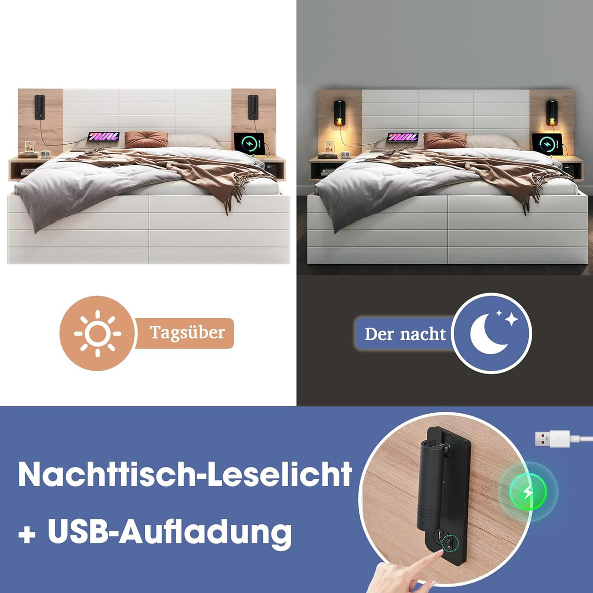 Lit double en bois - 180 x 200 cm - Avec 2 tiroirs - Lampe de tête de lit - Lampe de lecture avec fonction de charge USB - Lit moderne avec 2 commodes de chevet - Cadre de lit et sommier à lattes -