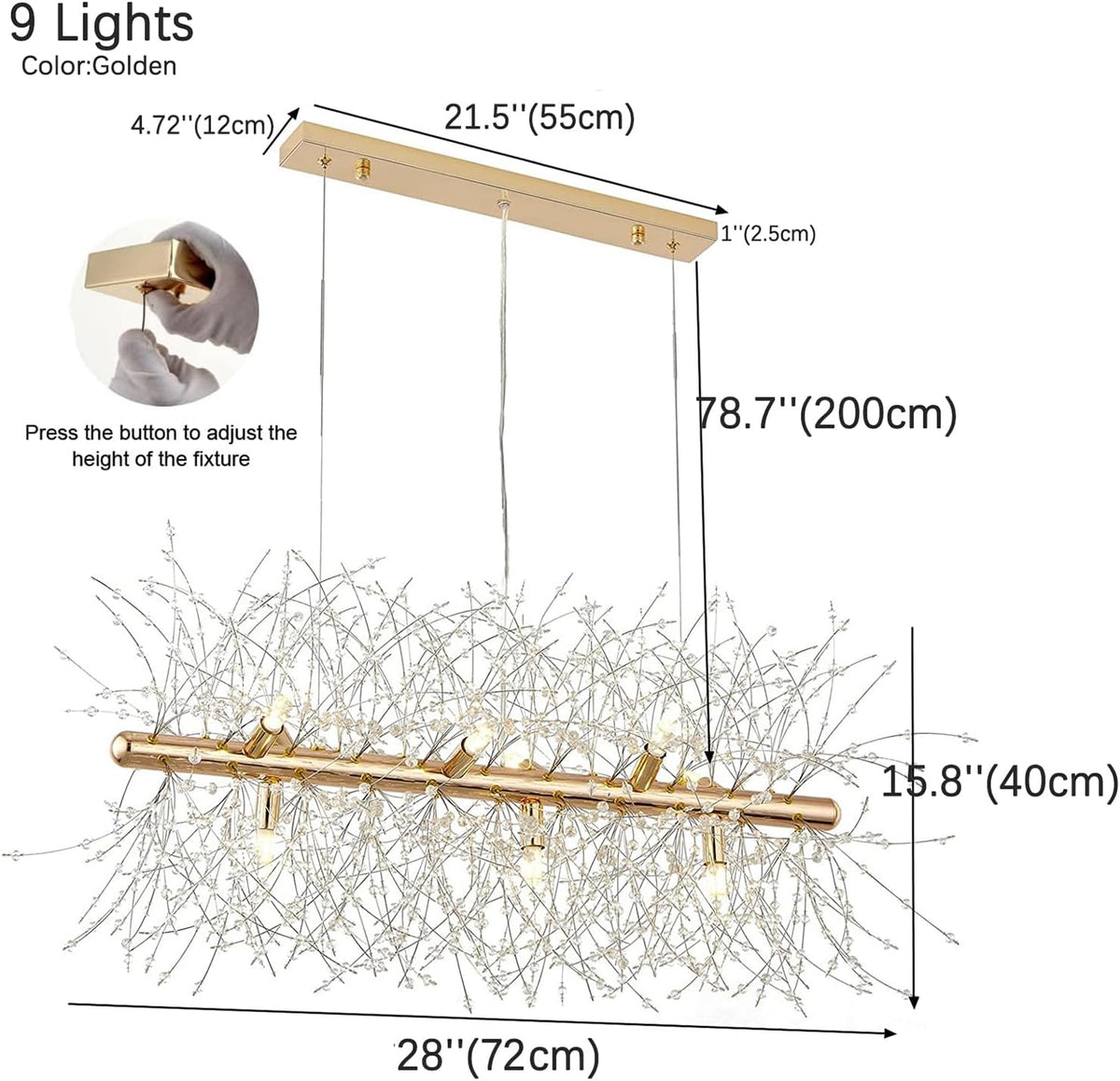 EFPD Luminaire moderne en cristal, acier inoxydable, pissenlit LED, suspension dorée à 9 lumières pour cuisine, salle à manger, chambre à coucher 72cm