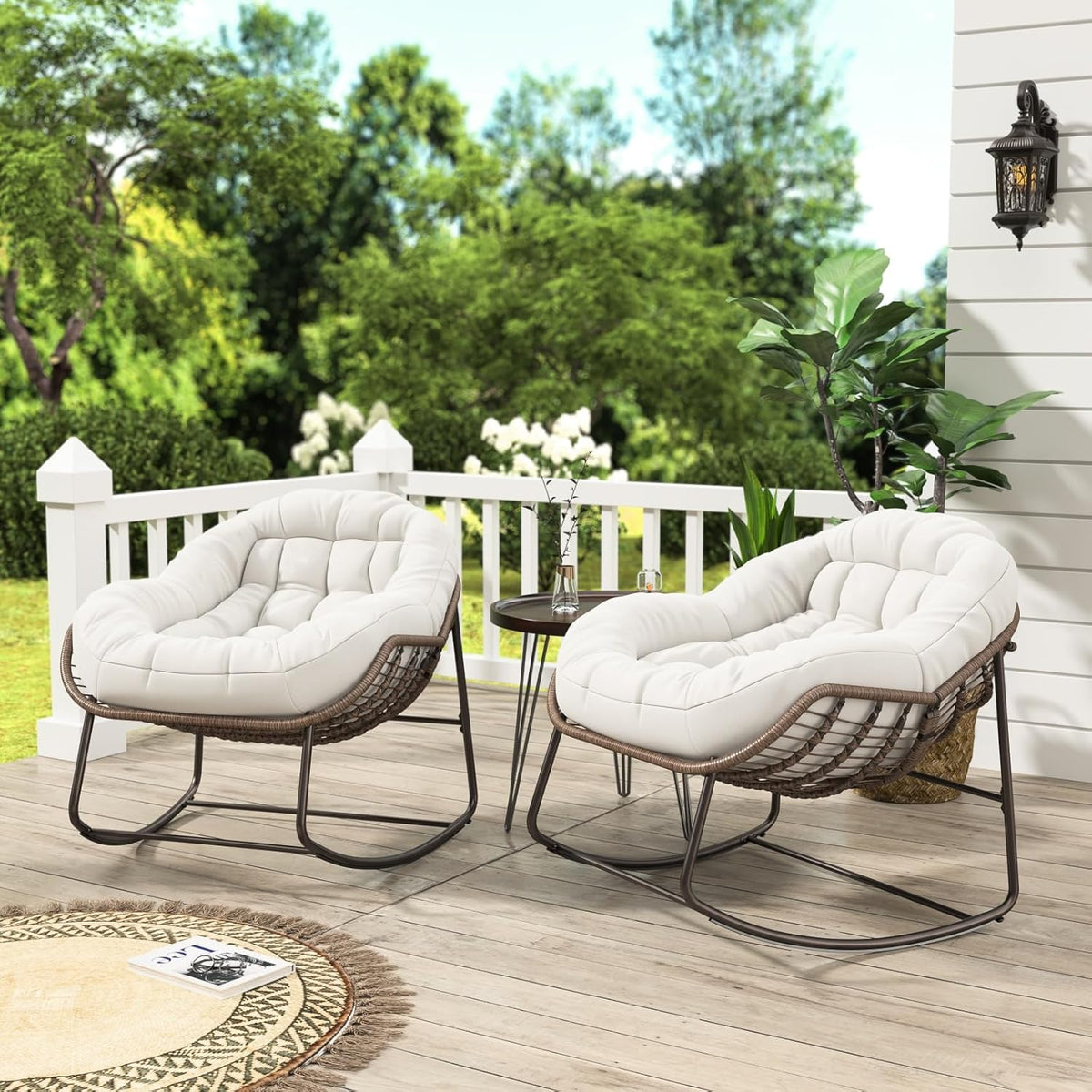belupai Fauteuil à bascule en forme d'œuf en osier, jardin à bascule en rotin avec rembourré, chaise d'allaitement, cadre en métal, pour extérieur et intérieur, jusqu'à 113 kg beige