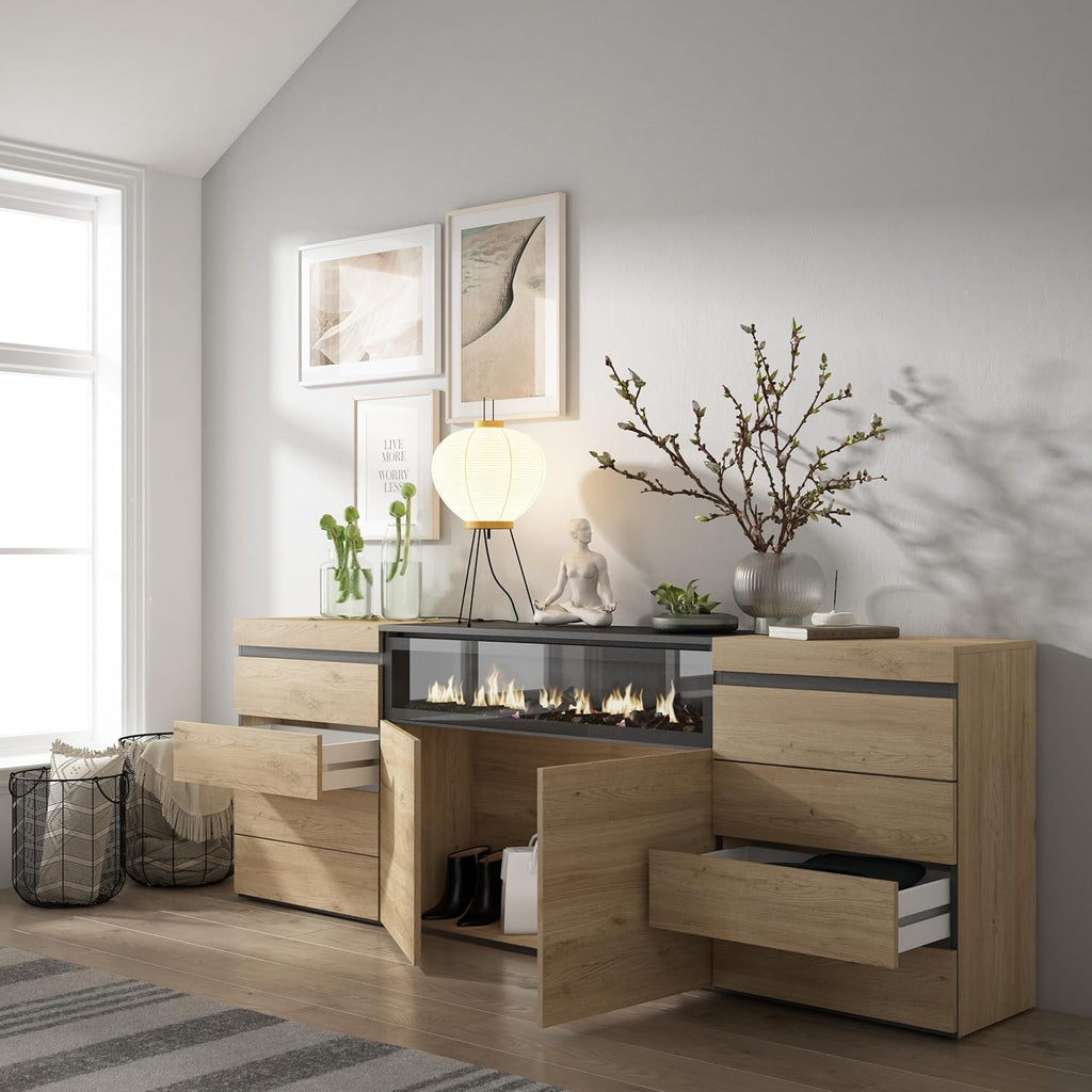 Skraut Home | Commode, Buffet, Armoire | Meuble de Rangement | 214x75x35 cm | Chambre à Coucher, pièce | Cheminée électrique | Style Moderne | Chêne
