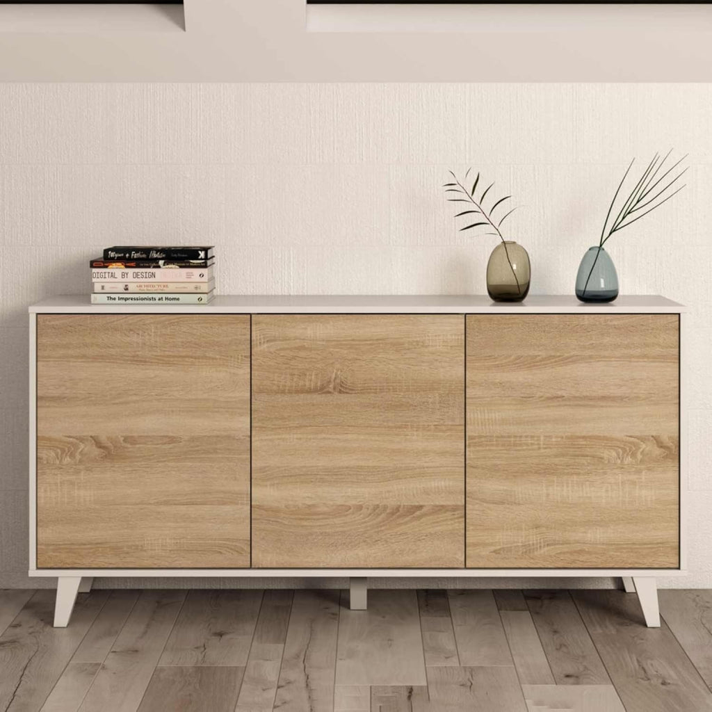 Habitdesign modèle Zaiken Plus Buffet, salon salle à manger 3 portes, blanc brillant et chêne canadien, dimensions : 154 x 75 x 41 cm (l x H x P).