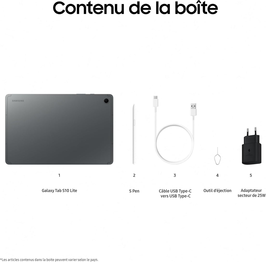Tab S10 Lite, 10.9", Wi-Fi, 128Go, Tablette Android, S Pen Inclus, Gris, Chargeur Secteur Rapide 25W Inclus, Version FR