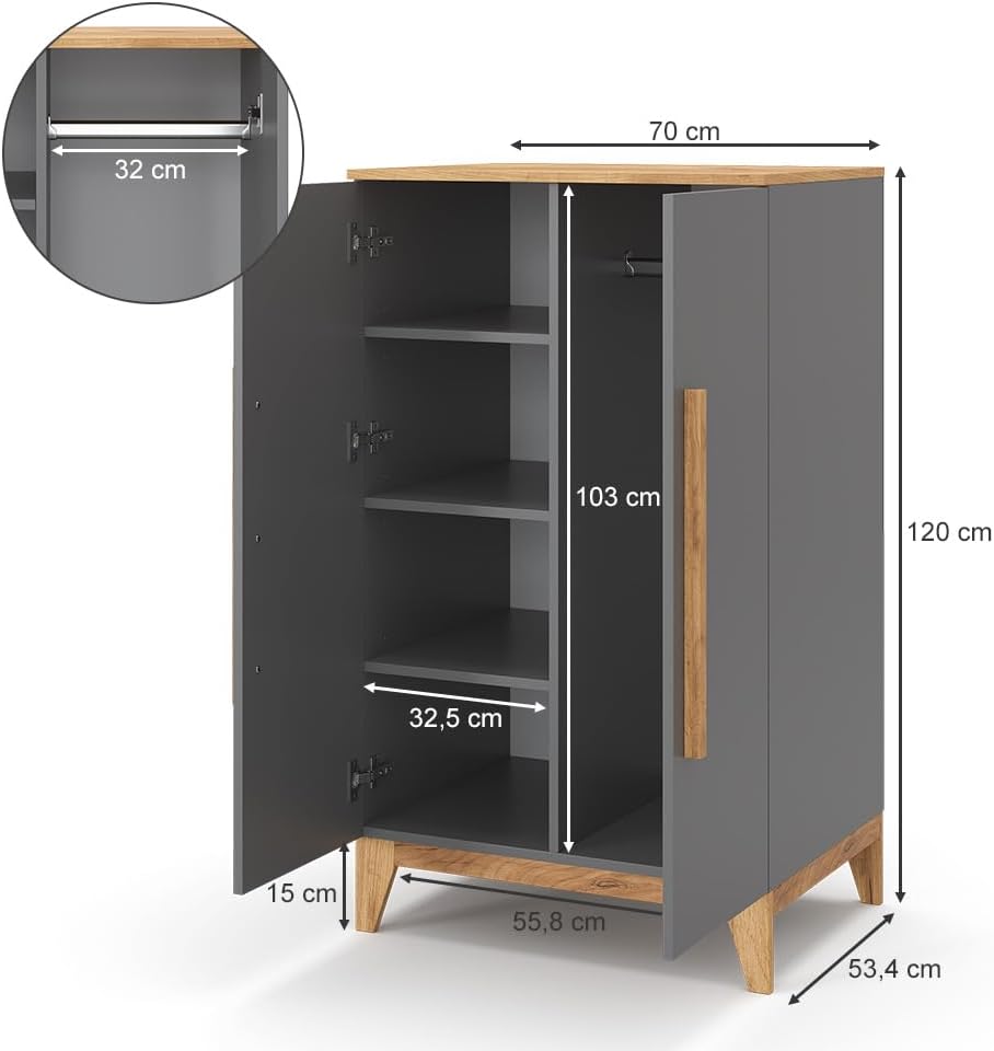 VitaliSpa Armoire pour Enfants Malia, Gris, 53.4x120cm