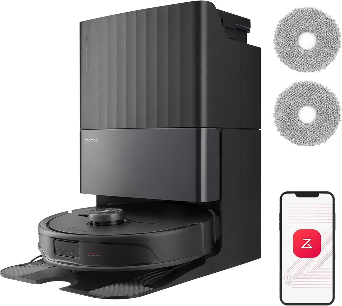 roborock Qrevo Master Set Aspirateur Robot avec FlexiArm Brosse & Serpillière pour Couverture des Coins, Aspirateur Laveur avec Deux Serpillière & Brosse DuoRoller Soutien 10000Pa, Détecter de Saleté