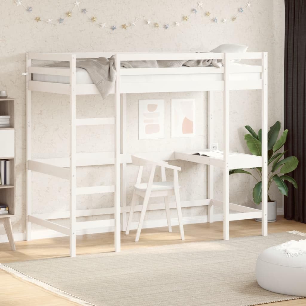 vidaXL Lit Superposé avec Bureau, Lit Mezzanine avec Sommier à Lattes pour Enfant, Meuble de Chambre, Moderne, Blanc 90x200 cm Bois de Pin Massif
