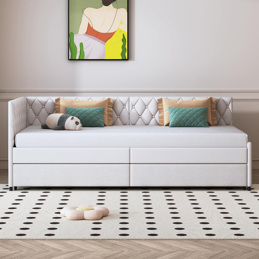 JYCRA Lit gigogne 90/180x200 cm,canapé lit 90x200 cm,Extensible,avec sommier à Lattes en Bois,Dossier Confortable avec Finition en Losange,Tissu en Velours Beige