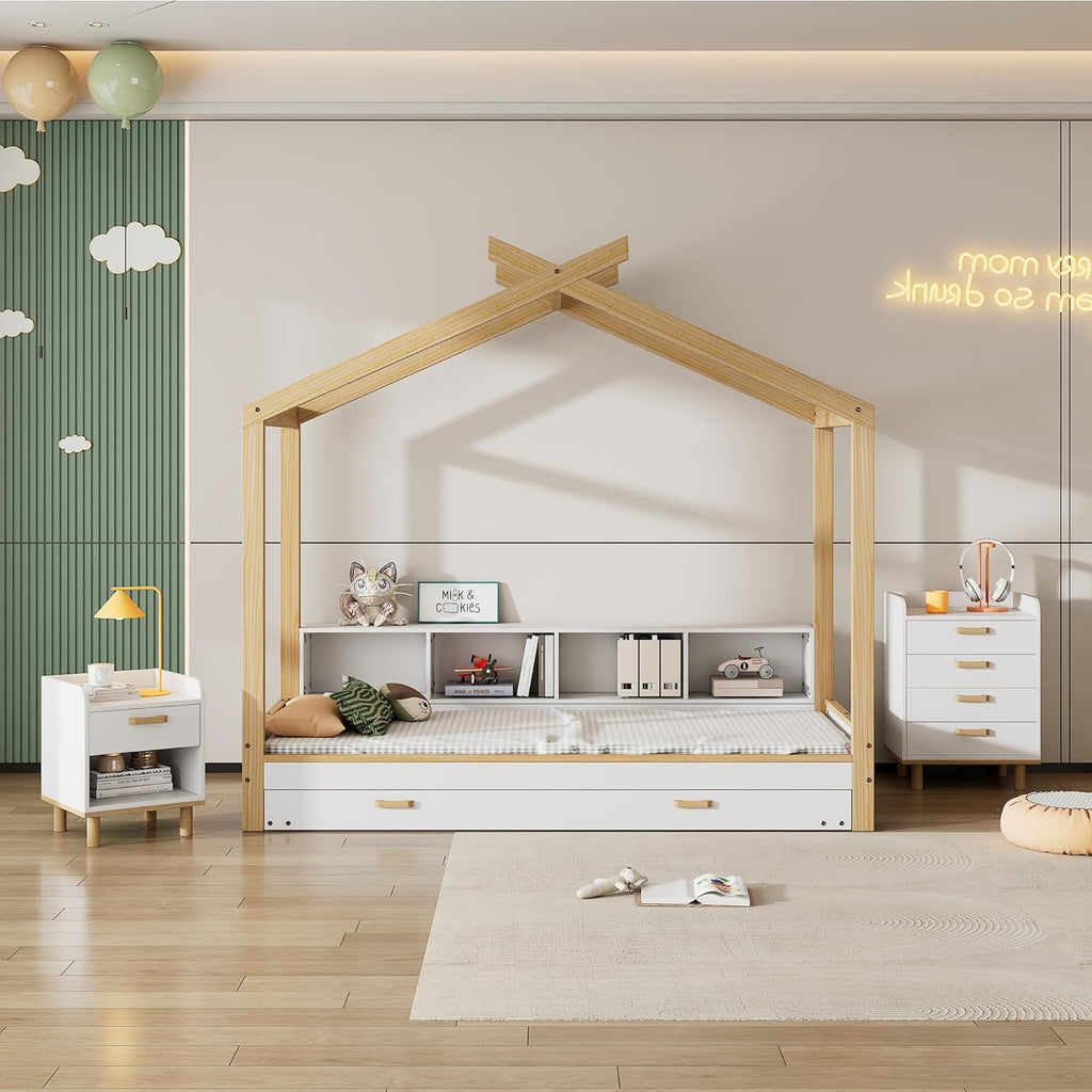 I0I&I0I Ensemble de chambre d'enfant - Blanc + naturel - Lit de maison + table de chevet + commode - MDF + pin (205 x 202 x 187,5 cm)