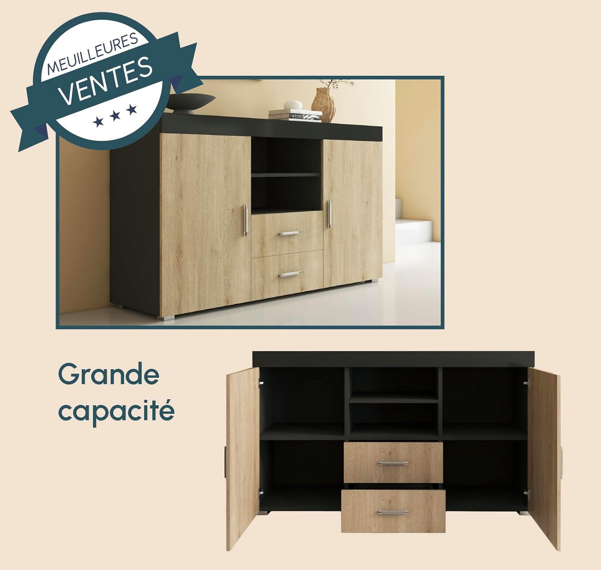 MB Muebles Bonitos, Buffet Roque pour Salon et Salle à Manger Moderne, Meuble TV en Mélamine, Couleur Noir Brillant et Sonoma Mat, 140x80x40 cm