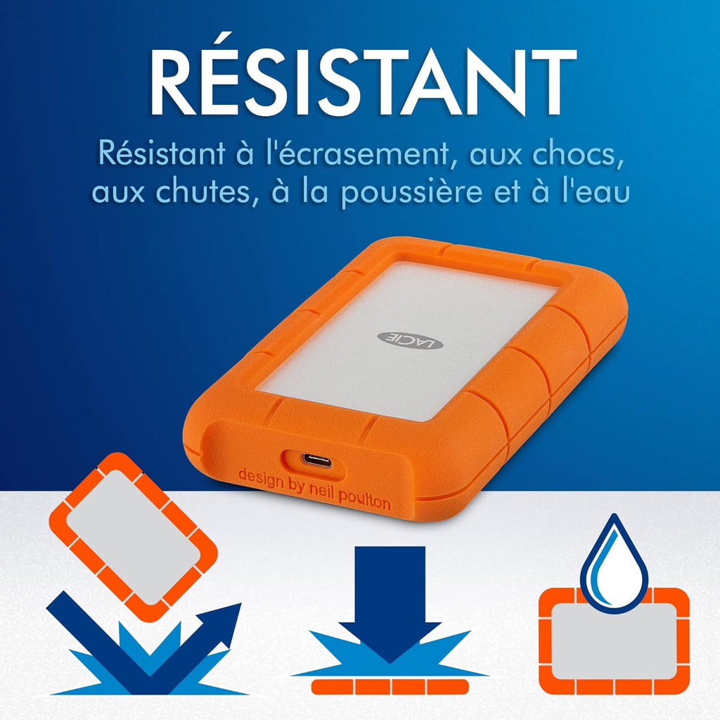 LaCie Rugged USB-C 5To, Disque Dur Externe Portable HDD, PC Mac iPad & iPhone, Data Rescue Service (STFR5000800)