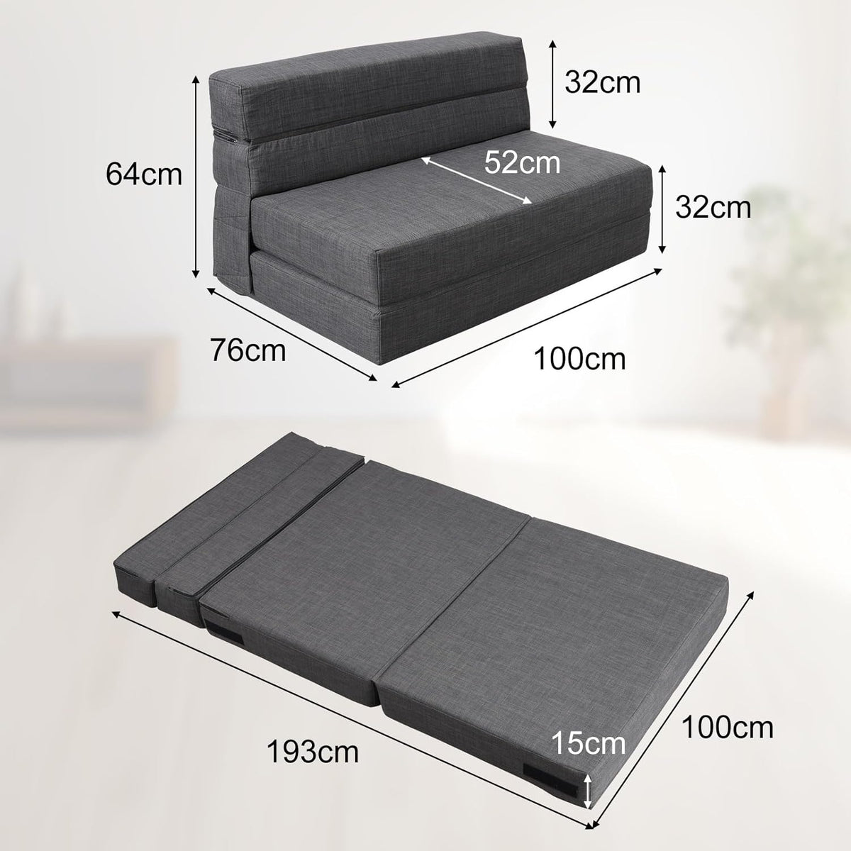 ANONER Canape Lit 1 Place, Canapé de Sol Convertible en Mousse à Mémoire de Forme & Oreiller, Canape Une Place Lit pour Chambre Salon, Matelas Pliant Sofa Gris Foncé