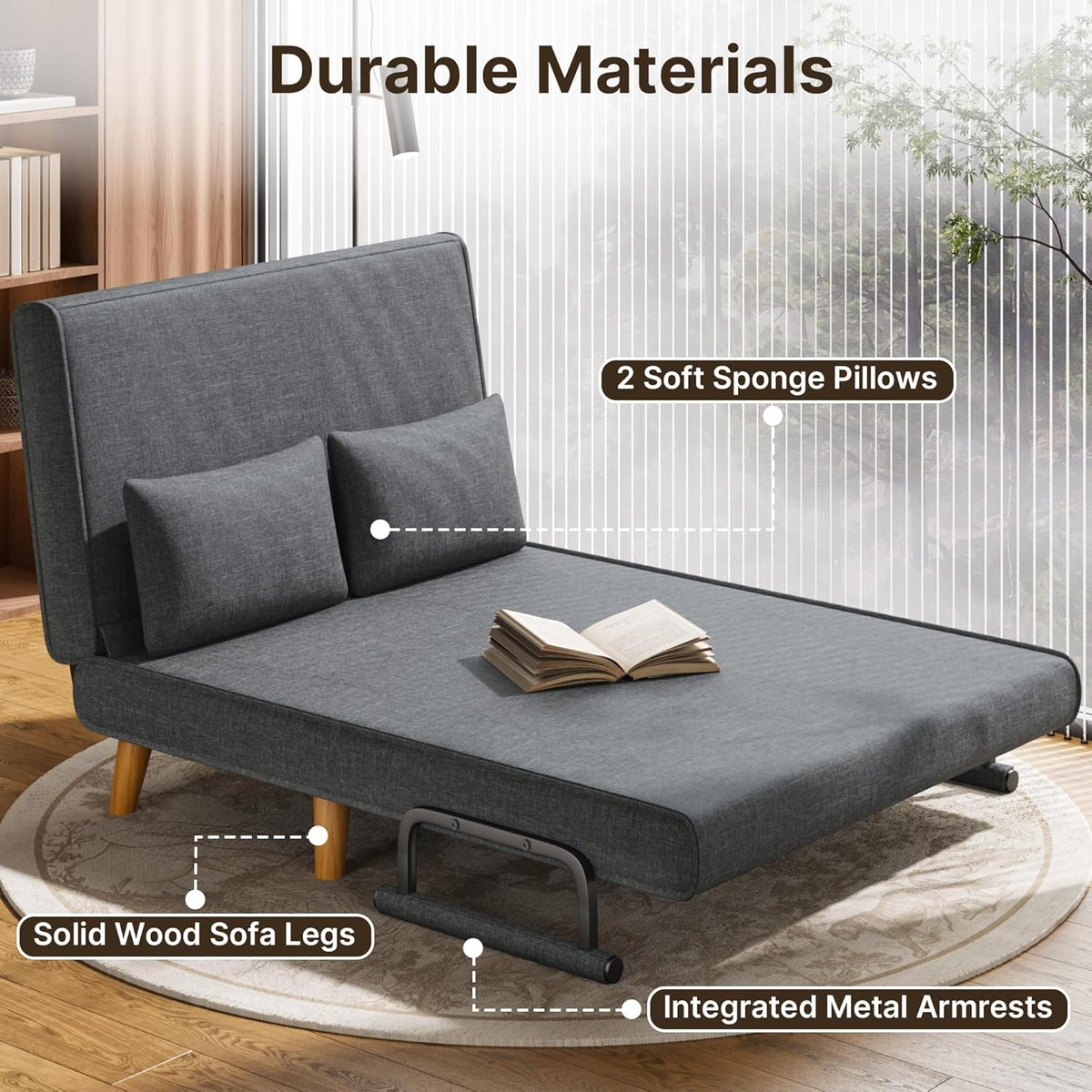Xbro Canapé Convertible 2 Place, Fauteuil Convertible avec Dossier Réglable en 6 Positions et 2 Coussins, Fauteuil avec Fonction de Sommeil pour Petit Appartement (Gris Foncé)