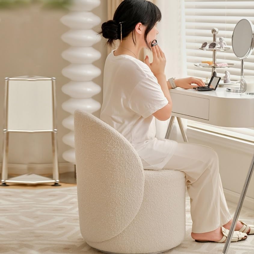 DELURA Chaise de Maquillage avec Dossier - Tabouret de Coiffeuse pour Chambre/Salle de Maquillage/Salon (Laine d'Agneau Blanche)