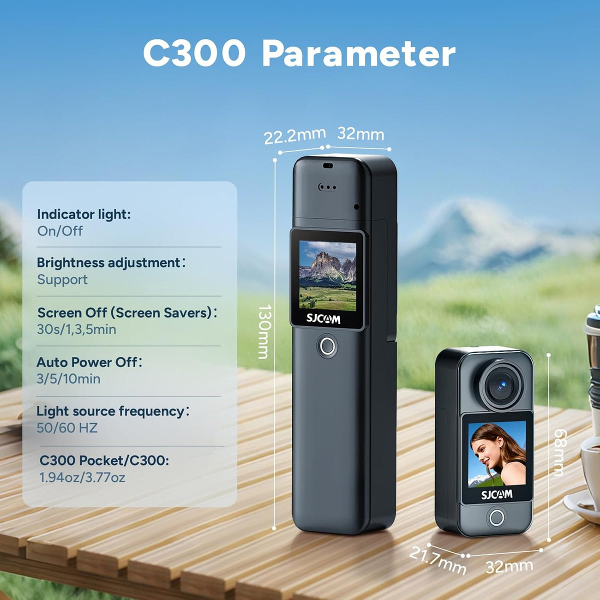 SJCAM C300 Caméra d'action de poche 4K, 7 heures d'autonomie, double écran tactile, noir