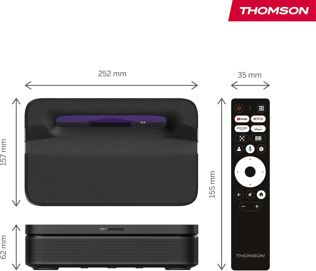 Thomson Sirius PG55B Projecteur Laser Intelligent Portable avec Google TV, Batterie Intégrée, Ultra Courte Focale, 600 Lumens ANSI, HDR10+, Dolby Audio, Mise au Point Automatique, WiFi, Bluetooth–Noir