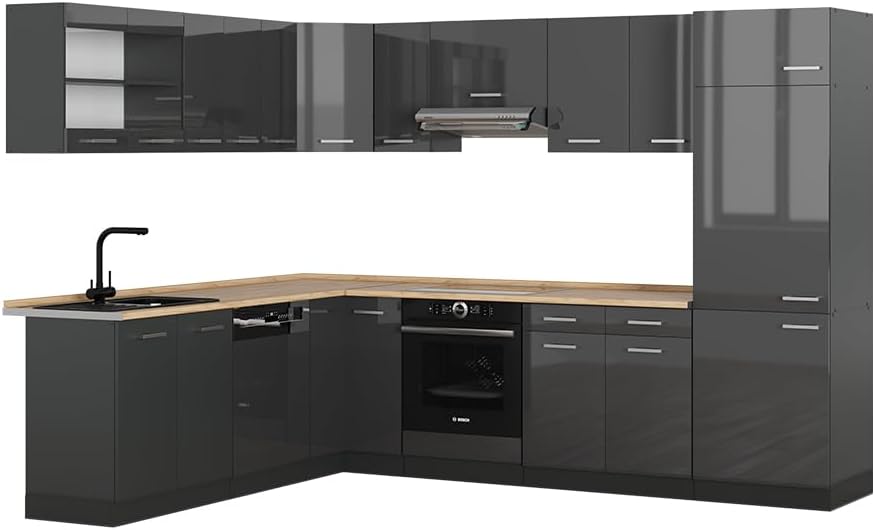 Vicco Cuisine en Angle R-Line, Anthracite Brillant/Anthracite, 227x287cm, PT Chêne