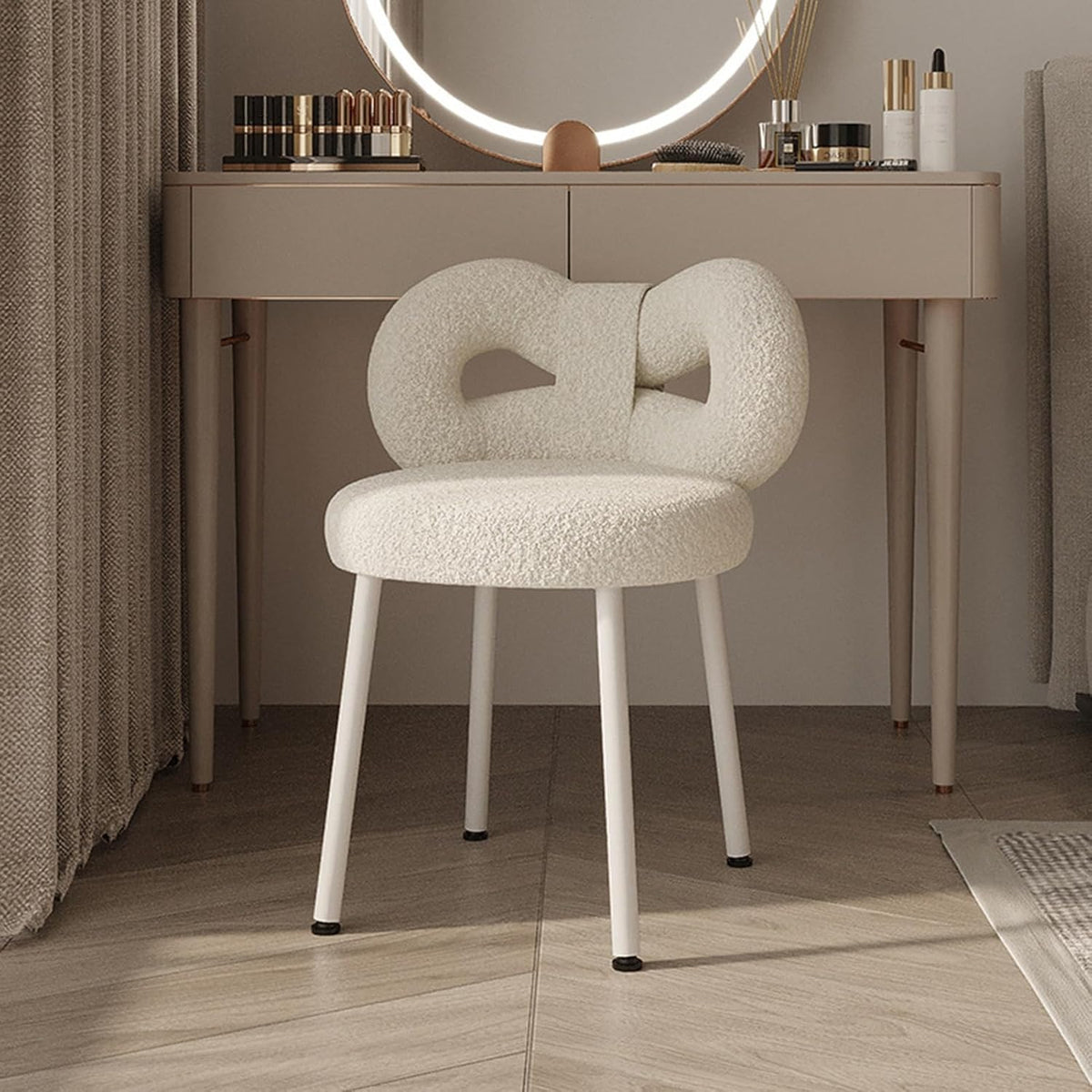 Tabouret de coiffeuse avec dossier réglable et nœud papillon - Chaise de maquillage sans accoudoirs pour chambre de fille - Élégant siège de coiffeuse avec coussinets de pieds - Blanc