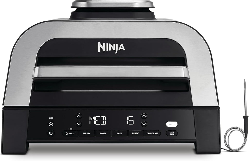 Ninja MAX 6-en-1 Grill d’intérieur et friteuse sans huile, 6 modes, cuit jusqu’à 6 hamburgers, capacité 3,8 l, faible dégagement de fumée, thermomètre à viande numérique inclus, Gris/Argent, DG551EU